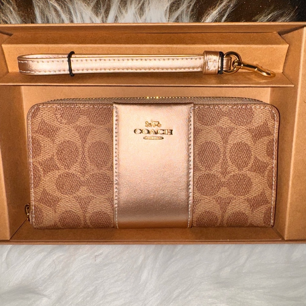 Coach Tan and Gold Signature Wristlet